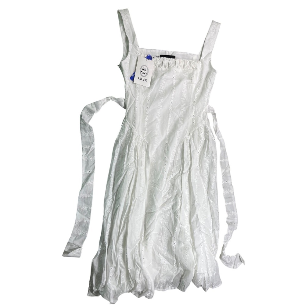 Cider NWT White Eyelet Tie Waist Mini‎ Dress Women's XS Cottagecore